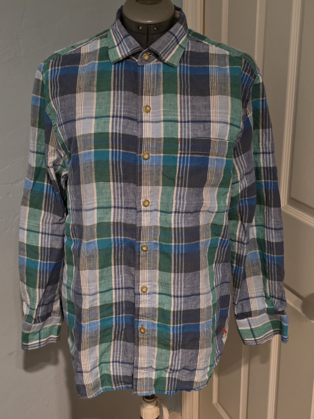 Tommy Bahama Green Blue White Plaid Linen Button-Down Shirt